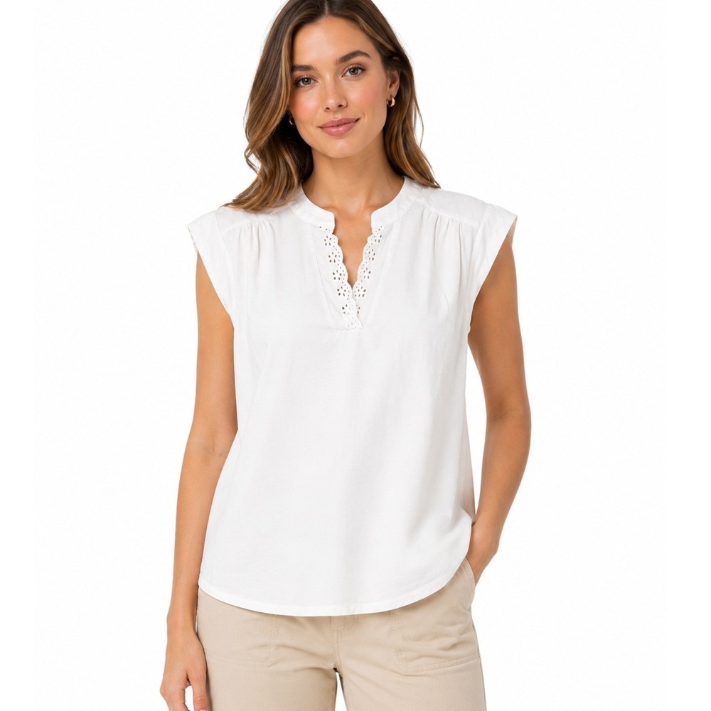 Lands' End White Eyelet Split Neck Blouse Cap Sleeve Coastal Preppy | Small
